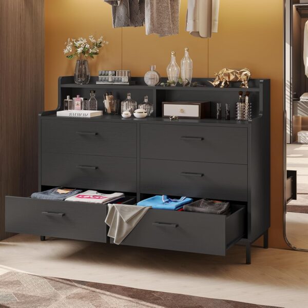 Hasuit 6 Drawers Double Dresser with Shelves, Large Wooden Storage Tower Organizer, Wide Chest of Drawers, Black Dresser for Bedroom, Living Room, Entryway - Image 6