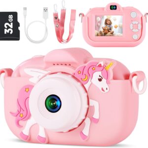 Kids Camera Toys for Ages 3 4 5 6 7 8 9 Girls, 48MP Dual Lens Toddler Camera Kids Digital Camera Christmas Birthday Gift for Kids, Kids Video Camera Selfie Camera with 32G SD Card, Silicone Cover