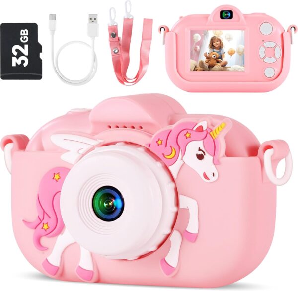 Kids Camera Toys for Ages 3 4 5 6 7 8 9 Girls, 48MP Dual Lens Toddler Camera Kids Digital Camera Christmas Birthday Gift for Kids, Kids Video Camera Selfie Camera with 32G SD Card, Silicone Cover