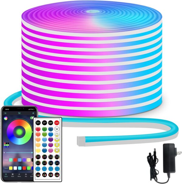 50ft RGB LED neon Rope Lights LED neon Strip Lights with Remote Control/APP Control IP65 24V Waterproof Flexible Neon LED Strip Lights,Led Lights for Bedroom Room Outdoors Decor