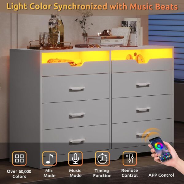 Hasuit 6 Drawers Dresser with LED Lights for Bedroom, Modern Double Dresser with 2 Pull-Out Trays, White Chest of Drawers Bedroom Storage Organizer, Dimensions 15.6" D x 42.6" W x 30.1" H - Image 3