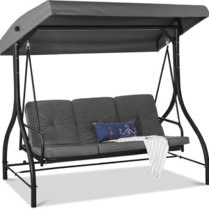 Best Choice Products 3-Seat Outdoor Large Converting Canopy Swing Glider, Patio Hammock Lounge Chair for Porch, Backyard w/Flatbed, Adjustable Shade, Removable Cushions - Gray