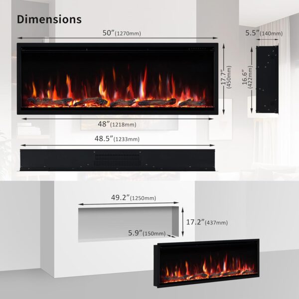 PuraFlame Herman 50 Inch Smart Linear Electric Fireplace - Premium Flame with 9 Colors, Clean Design, Recessed in-Wall or Wall-Mount or Free Standing, Compatible with Alexa and Google Assistant - Image 5