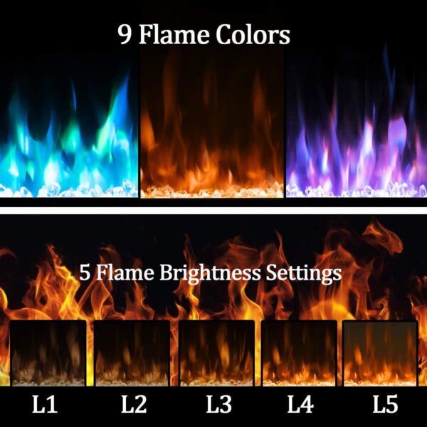 COSTWAY 36-Inch Electric Fireplace, 750W/1500W Wall Recessed and Mounted Fireplace Insert with Remote Control, 9 Flame Colors, 5 Brightness Settings, 8 H Timer, Fireplace Heater for Indoor Use - Image 5