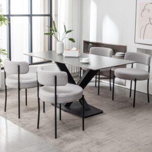 Boucle Dining Chairs Set of 4, Upholstered Dining Room Chairs with Black Metal Legs, Round Modern Dining Chair for Dining Room, Kitchen (Light Grey)