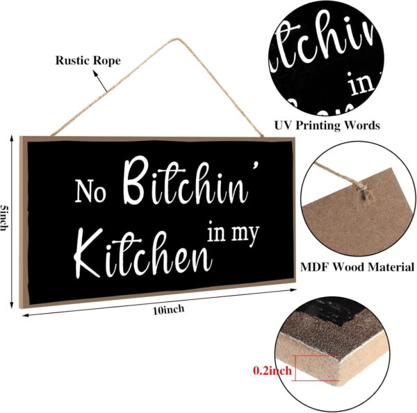 Jetec 2 Pieces Funny Kitchen Signs the Dishes Hanging Wall Art Sign No Bitchin in My Kitchen Rustic Wooden Wall Signs Decorative Wood Sign Home Kitchen Decor, 10 x 5 Inch (Stylish) - Image 2
