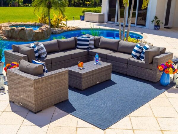 Sorrento 19-Piece Resin Wicker Outdoor Patio Furniture Combination Set in Gray w/Sectional Set, Six-seat Dining Set, and Chaise Lounge Set (Flat-Weave Gray Wicker, Sunbrella Canvas Charcoal) - Image 3