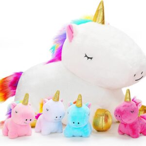 KMUYSL Toys for Girls Ages 3 4 5 6 7 8+ Years - Unicorn Mommy Stuffed Animal with 4 Baby Unicorns in Her Tummy, Soft Unicorn Plush Toys Set, Christmas Birthday Gifts for Baby, Toddler, Kids