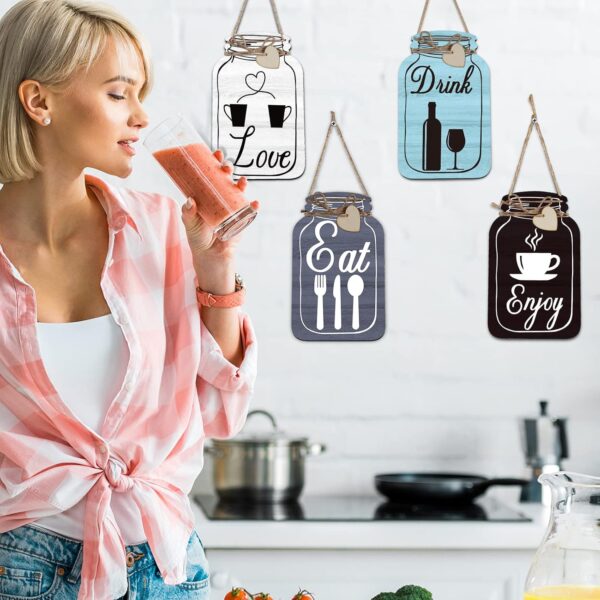 Yalikop 4 Pcs Wooden Kitchen Wall Decor Eat Drink Enjoy Love Wood Sign Mason Jar Shaped Wooden Rustic Home Decor for Home Kitchen Dining Room Decor (Gray, White, Blue, Dark Brown, Retro Style) - Image 3