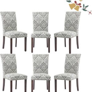 Parsons Dining Chairs Set of 6, Upholstered Nailhead Dining Room Kitchen Side Chair with Thick Cushions and Wood Legs, White/Grey