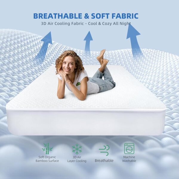 100% Waterproof Mattress Protector Queen, Breathable Cooling Bamboo Viscose 3D Air Fabric Mattress Cover, Soft Noiseless Bed Cover, Machine Washable, 8-21'' Deep Pocket - Image 4