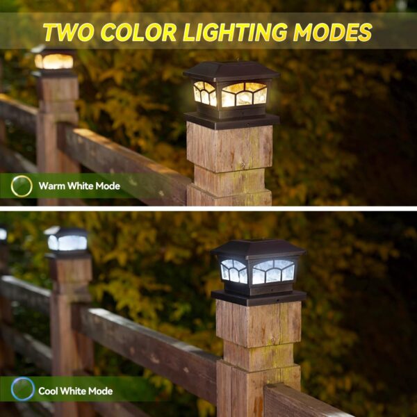 Solar Lights For Fence Post Cap Outdoor Deck Lights Solar Powered Waterproof 8 LEDs for 4x4/6x6 Wooden/Vinyl Posts Two Light Modes Warm/Cool White Decor for Garden Deck Patio. (Black, set of 2) - Image 2