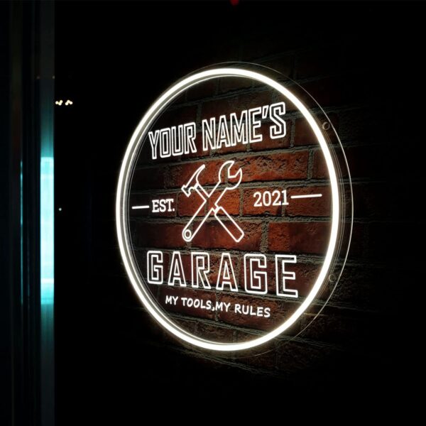 Custom Garage Neon Sign, Personalized Name Neon Garage Light Sign, Wall Décor Light Up Man Cave LED Neon Sign for Garage, Men, Dad Gift, 16x16” Round (Garage Neon Sign 2) - Image 2