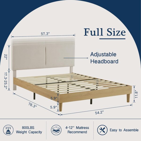 VECELO Full Bed Frame Upholstered Platform Beds with Height-Adjustable Cotton and Linen Headboard, Heavy Duty Wood Slats, 6" Under-Bed Space, Noise-Free, No Box Spring Needed,Easy Assembly - Image 2