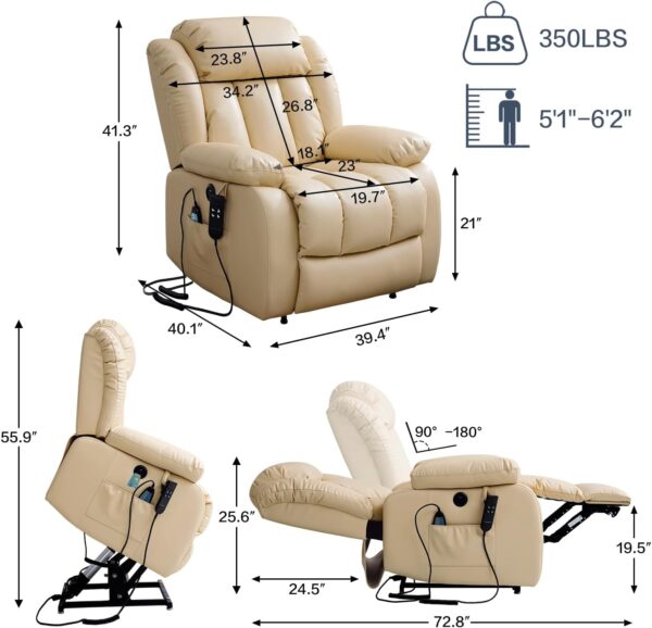 Infinite Position Power Lift Chair Lay Flat Recliner Dual Motor Sleeper Chair with Massage and Heating for Elderly, USB Ports and Remote Control, Leather(Beige) - Image 2