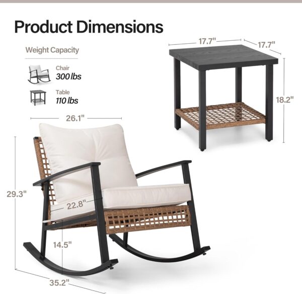 LAUSAINT HOME 3 Pieces Rocking Bistro Set, Outdoor Patio Furniture Set with Thick Cushions and 2-Tier Coffee Table, Oversize Rattan Conversation Sets for Garden, Balcony, Backyard (Beige) - Image 6