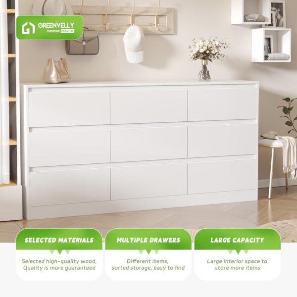 Greenvelly White Dresser for Bedroom,Modern 9 Drawer Dresser for Bedroom,Wooden Dresser with Deep Drawers for Bedroom,Long Drawer Chest for Bedroom, Living Room,Hallway,Closet - Image 6