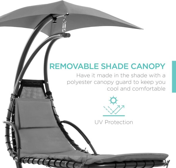 Best Choice Products Outdoor Hanging Curved Steel Chaise Lounge Chair Swing w/Built-in Pillow and Removable Canopy - Charcoal Gray - Image 3