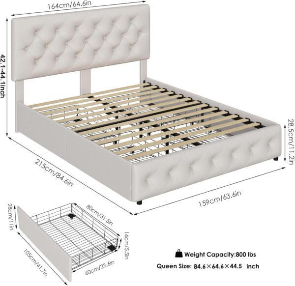 Queen Bed Frame with 4 Storage Drawers and Adjustable Headboard, Upholstered Platform Bed with Button Tufted Design, Strong Wooden Slats Support, No Box Spring Needed, Fabric, Cream - Image 2