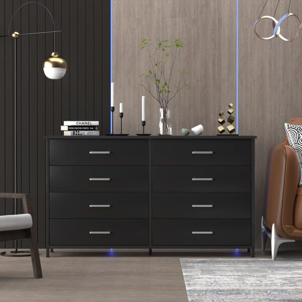 IKENO 8 Drawer Dresser for Bedroom, Industrial Wood Dresser Wide 8 Chest of Drawers, Wooden Storage Organizer Dresser with Sturdy Steel Frame (Black) - Image 5