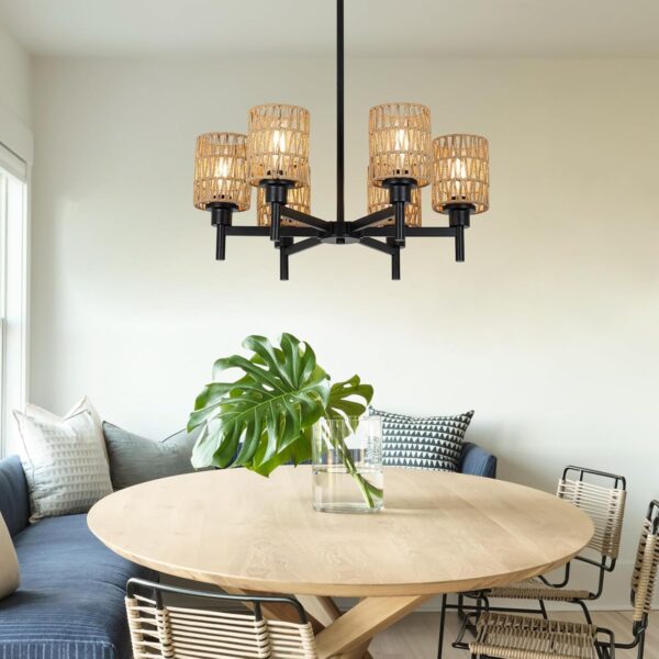 Airposta Rattan Farmhouse Chandelier for Dining Room, Black Pendant Lights Kitchen Island Lighting, Boho Chandeliers Ceiling Hanging Lamp, Rustic Dining Room Light Fixture for Living Room Bedroom Hall - Image 7