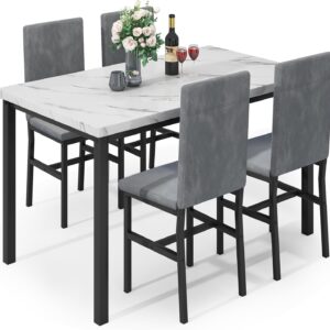 Hooseng Dining Table Set for 4, Modern Kitchen Table and Chairs Set of 4, Space Saving 5 Piece Dining Room Table Set with Faux Marble Top and Upholstered Velvet Chairs for Small Space, Apartment, Grey