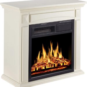 JAMFLY 26’’ Mantel Electric Fireplace Heater Small Freestanding Infrared Quartz Fireplace Stove Heater w/Log Hearth& Wood Surround Firebox, Adjustable Led Flame, Remote Control,750W-1500W, (White)…