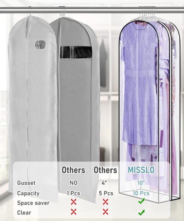 MISSLO 10" Gusseted All Clear Garment Bags for Hanging Clothes 60" Dress Bags for Gowns Long Hanging Clothes Bag for Closet Dress Cover for Coats, 3 Packs - Image 3