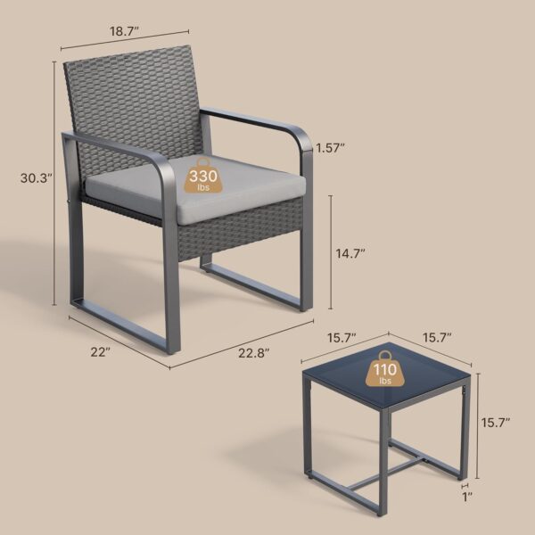 Gizoon 3 Pieces Patio Set Outdoor Wicker Furniture Sets, Modern Rattan Chair Conversation Sets with Coffee Table, for Yard, Bistro, Garden, Balcony, Poolside, Grey - Image 2