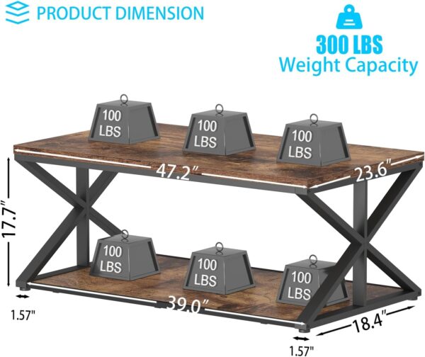 Coffee Table with Storage, Farmhouse Living Room Table, Modern Minimalist Rectangle Center Table, Industrial Vintage Wood Tea Table, 47 Inch, Rustic Brown - Image 2