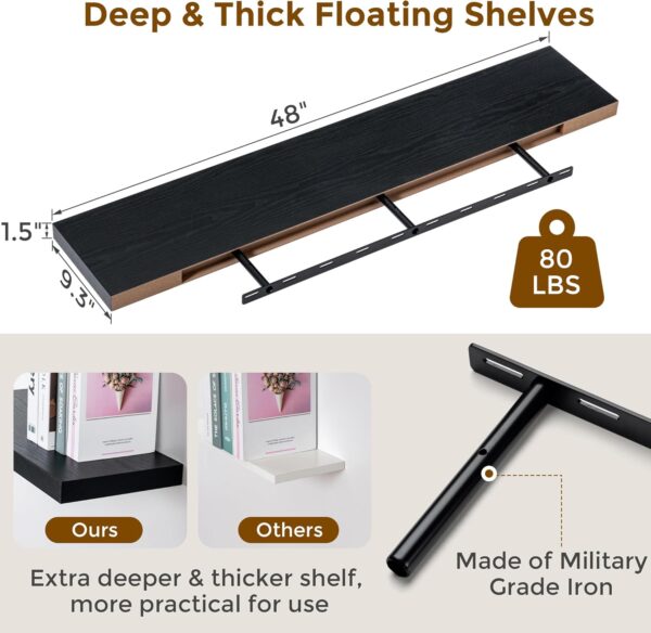 Fun Memories Floating Shelves 48 Inch Long, 9.3 Inch Deep Wall Shelf Fireplace Mantel, Rustic Farmhouse Wooden Shelves for Wall Decor Bathroom, Kitchen, Office, Black, Set of 1 - Image 3
