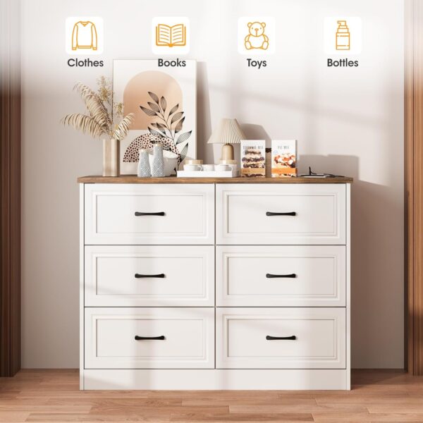 Fameill Dresser for Bedroom, 6 Drawer Wide Dresser Organizer with Charging Station, Tall Dresser for Hallway, Wood Dresser with Metal Handles, Farmhouse - Image 4