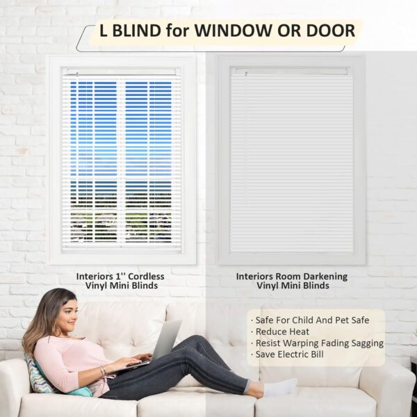 Cordless Vinyl Mini L Blinds 46" W x 48" H, 1" Slat White Horizontal Windows L Blind for Door, Shades, Camper, Light Filtering, Interiors, Arrive 1/2 Inch Narrower Indoor - Image 6