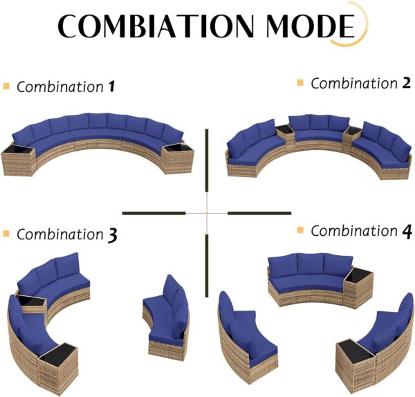 Patio Conversation Set, 11 Piece Half-Moon Sectional Round Patio Furniture Set, with Large Storage Wedge Table Wicker Sofa Set, for Backyard Patio Garden, Blue - Image 4
