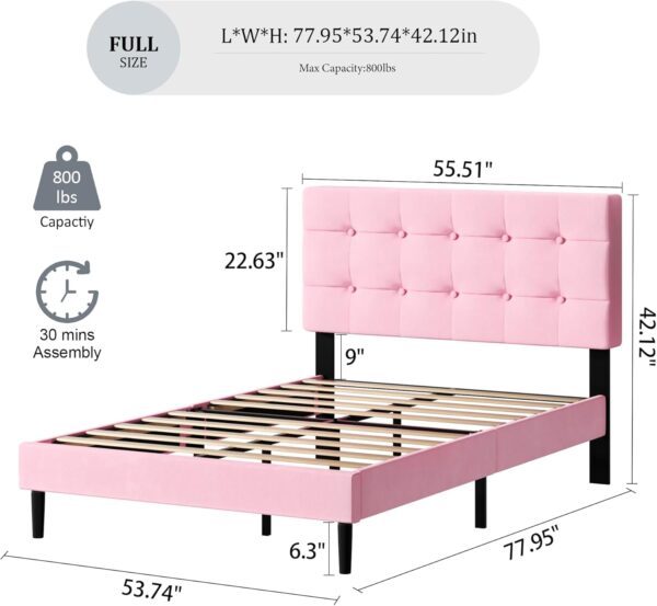 UNIZONE Full Size Bed Frame with Button Tufted Upholstered Headboard, Velvet Platform Bed with Wood Slats Support, Mattress Foundation, No Box Spring Needed, Easy Assembly, Pink - Image 2
