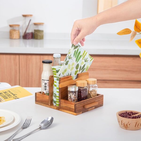 Napkin Holder for Table,Wooden Napkins Holder with Salt and Pepper Shakers Caddy,Standing Paper Napkin Storage for Kitchen Countertop Dining Table Decor(Acacia Wood) - Image 3