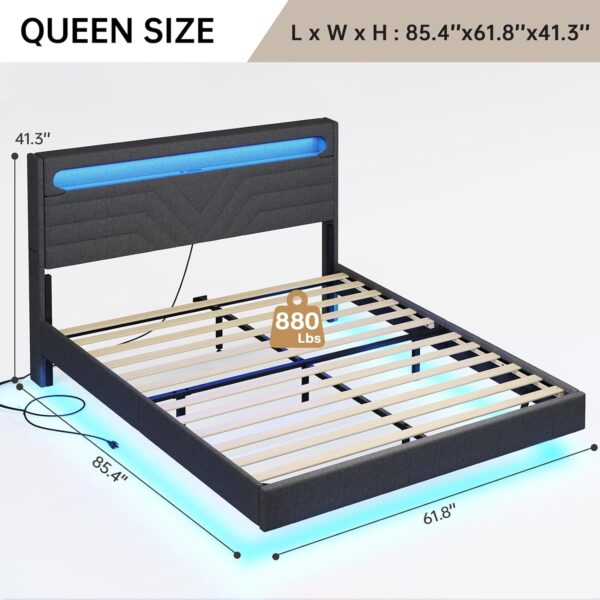Queen Floating Bed Frame with RGB LED Lights Headboard, USB-C/A Power Combo, Linen Upholstered Platform Bed with Storage Headboard, Innovative Stable Structure, Dark Gray - Image 2