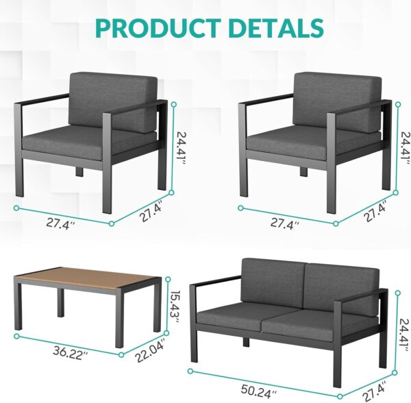 Aluminum Patio Furniture Set 4 Pcs Outdoor Couch with Coffee Table Patio Conversation Sets Loveseat Patio Sectional Chat Sofa with Cushions for Lawn, Garden,Balcony,Backyard and Deck-Silver - Image 5