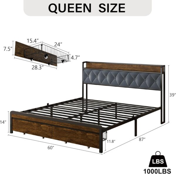 Queen Bed Frame with LED Light & Power Outlet, Queen Platform Bed with Upholstered Headboard and Storage Cabinet, Sturdy Wooden Slats Support, No Box Spring Needed - Image 2