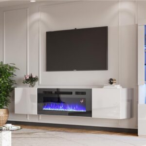 AMERLIFE Floating TV Stand with 36" Electric Fireplace, High Gloss Finish Wall Mounted Fireplace Entertainment Center with Storage for TVs Up to 78", White