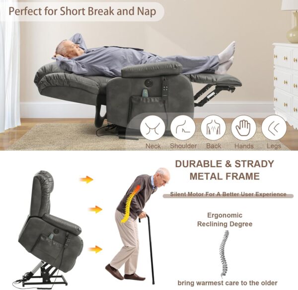 Dual Motor Large Power Lift Recliner Chair for Elderly with Heat and Massage,Lay Flat Lift Chairs Recliners for Seniors Infinite Position,USB Ports&Remote Controls,Genuine Leather (Silver Grey) - Image 2