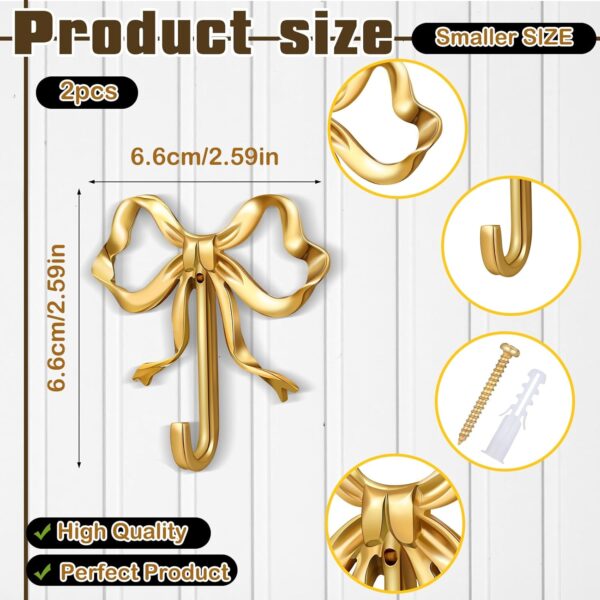 2 Pcs Christmas Wall Decor Gold Bow Knot Hooks Brass Bow Wall Hooks Door Hanger Towel Hooks Brass Coat Hooks Decorative Hooks for Christmas Bathroom Living Room Kitchen Decor (S) - Image 2
