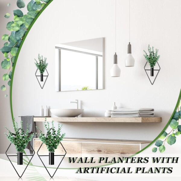 Jexine 2 Pcs Hanging Planters with Artificial Plants Metal Hanging Vase Indoor Plants Holder Modern Geometric Boho Wall Decor for Living Room Home Office(Black, Eucalyptus) - Image 5