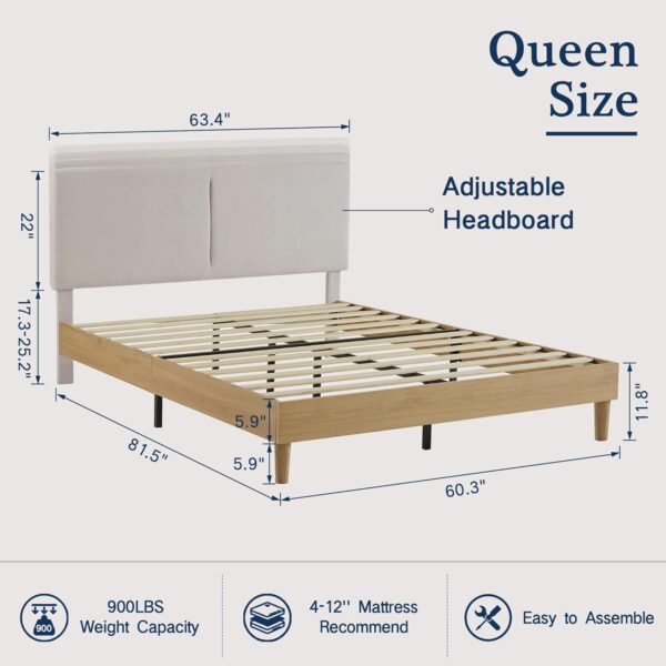 VECELO Queen Bed Frame Upholstered Platform Beds with Height-Adjustable Cotton and Linen Headboard, Heavy Duty Wood Slats, 6" Under-Bed Space, Noise-Free, No Box Spring Needed,Easy Assembly - Image 2