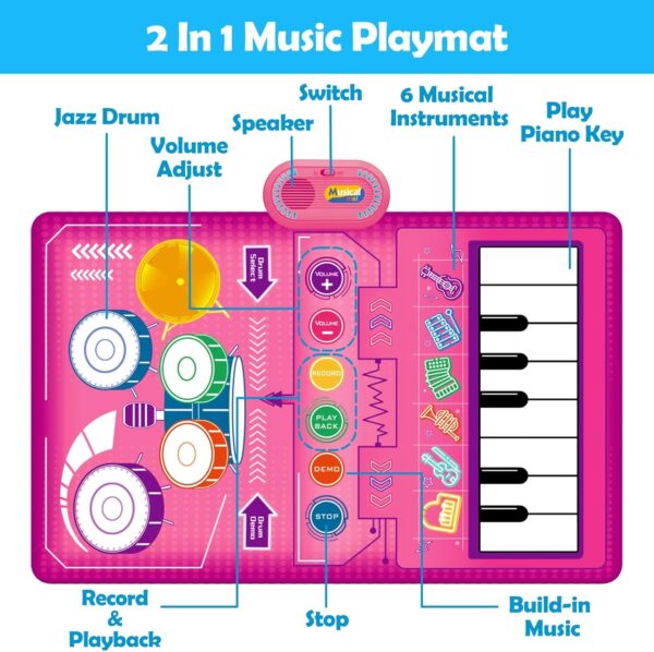 1 2 3 Year Old Girl Birthday Gift Toys, 2 in 1 Musical Toys for Toddlers 1-3 Piano Keyboard & Drum Mat with 2 Drum Sticks Toddler Toys Age 1-2, Baby Toys for 1 Year Old Toys for 2 Year Old Girl - Image 4
