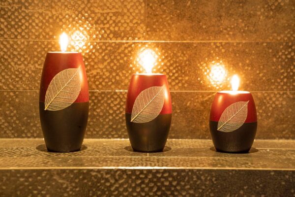 IYARA CRAFT 3 Wooden Candle Holders Decorative Candle Holders with Beauty Decor Dry leaf – Intricate Details – Matte Wood Finish – Ideal for Modern & Rustic Settings 2 tones, red, black (Rugby Shape) - Image 3