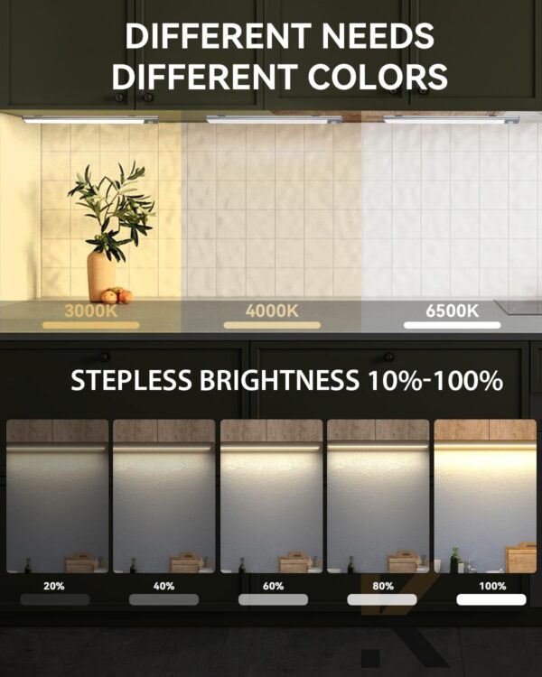 90LED Motion Sensor Under Cabinet Light,Closet Lights 3 Color Temperature&Stepless Dimming,Wireless Rechargeable 2200mAh Battery,Magnetic Closet Lighting for Kitchen,Bedroom,Cupboard,Stairs,2 Pack - Image 2