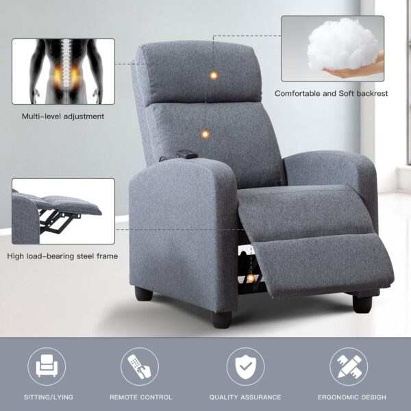 Phoenix Home Massage Recliner Chair, Modern Single Sofa Recliners with Padded Backrest and Thick Seat Cushion, Recliner Chair for Living Room, Home Theater, Fabric Gray - Image 6