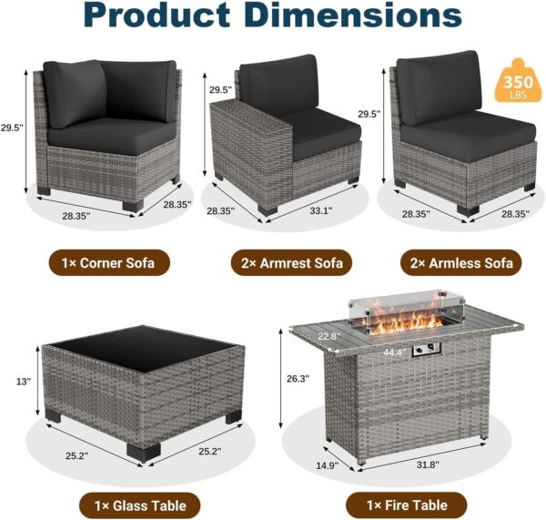 7 Piece Patio Furniture Set with Fire Pit Table, Outdoor Conversation Sets Wicker Rattan Sectional Sofa with Coffee Table, 4'' Thickened Cushion Navy Blue (Include Waterproof Cover) - Image 7