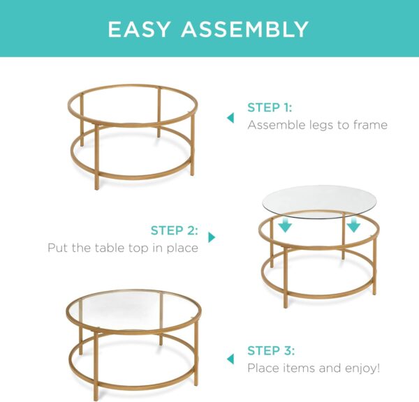 Best Choice Products 36in Modern Round Tempered Glass Accent Side Coffee Table for Living Room, Dining Room, Tea, Home Décor w/Satin Trim, Metal Frame, Non-Marring Foot Caps - Bronze Gold - Image 7